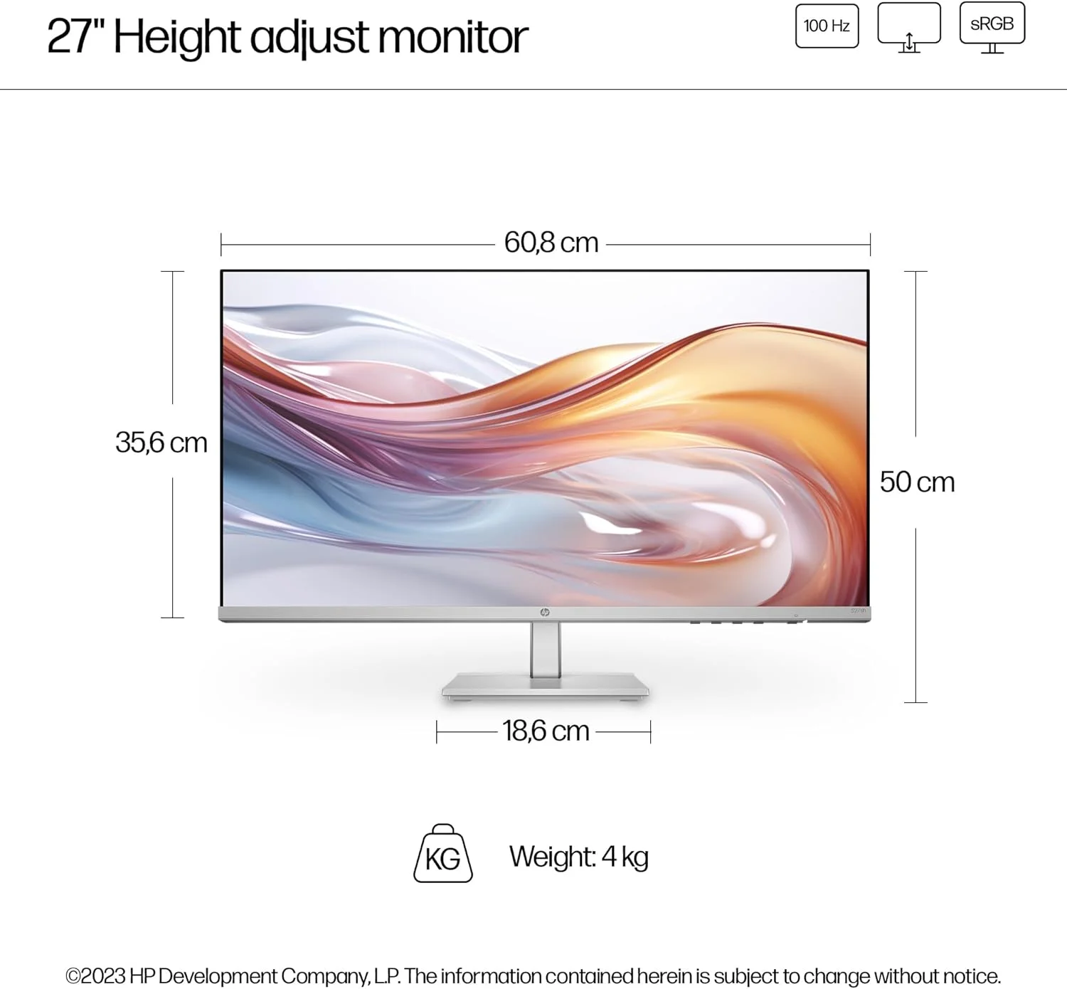 مانیتور قابل تنظیم ارتفاع HP سری 5-527sh، پنل 27 اینچی FHD IPS، نرخ تازه سازی 100 هرتز، HDMI و VGA، ضد تابش نور و بدون پرش، دارای گواهینامه Works With Chromebook [94C50AA]