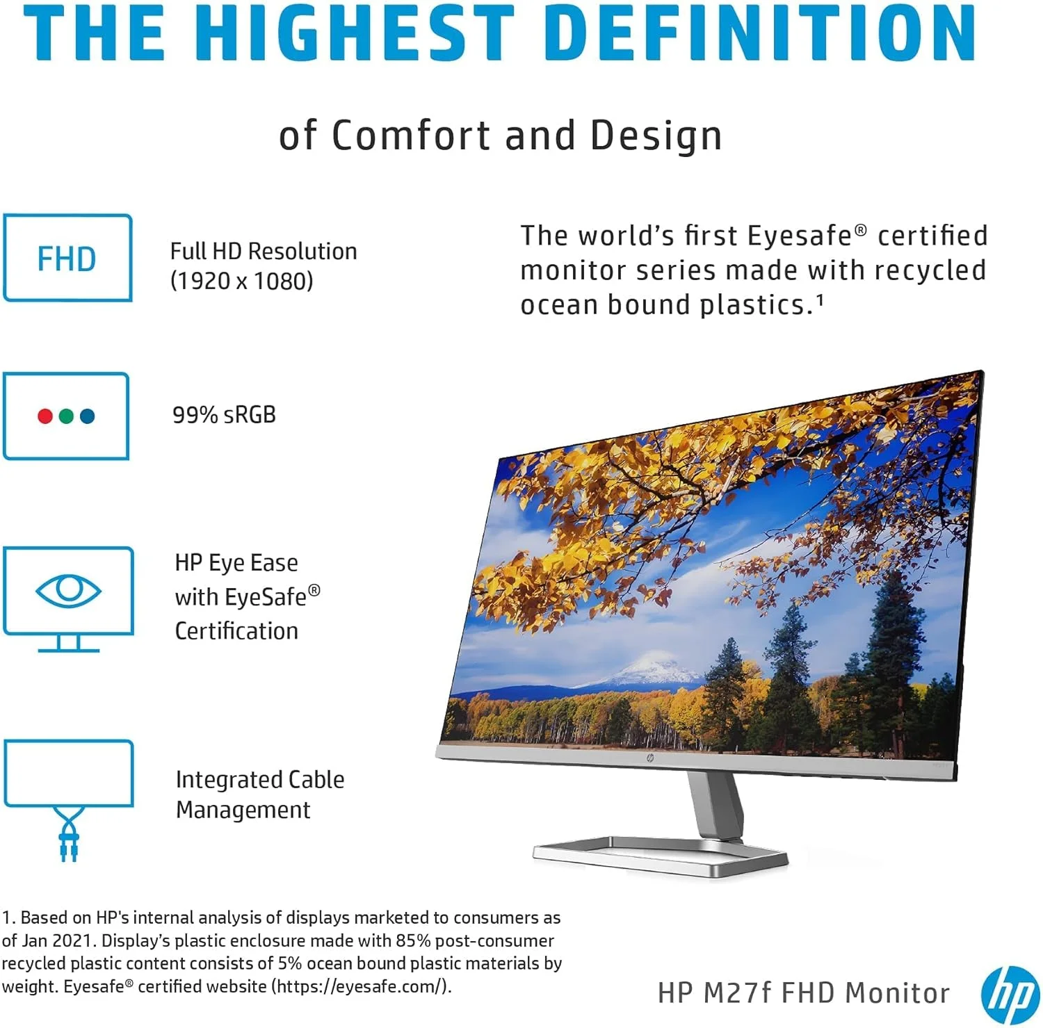 مانیتور فوق باریک 27 اینچی HP M27f، فول اچ دی 1080p، نرخ تازه سازی 75 هرتز، 2 پورت HDMI، 1 پورت VGA، فیلتر نور آبی، ضد تابش نور، تنظیم شیب، بدون پرش تصویر، زاویه دید فوق عریض 178 درجه، نقره ای و مشکی