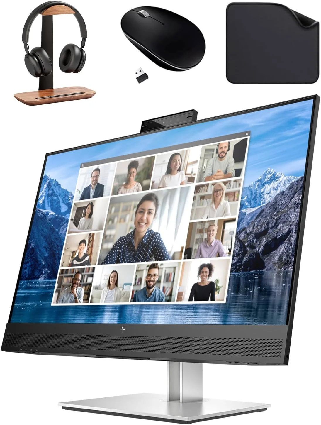 مانیتور کنفرانس تجاری 27 اینچی HP (شامل پایه هدست Wave 1st + ماوس بی سیم + پد ماوس) نمایشگر QHD، وب کم و بلندگوهای داخلی، هاب USB-C (E27m G4)
