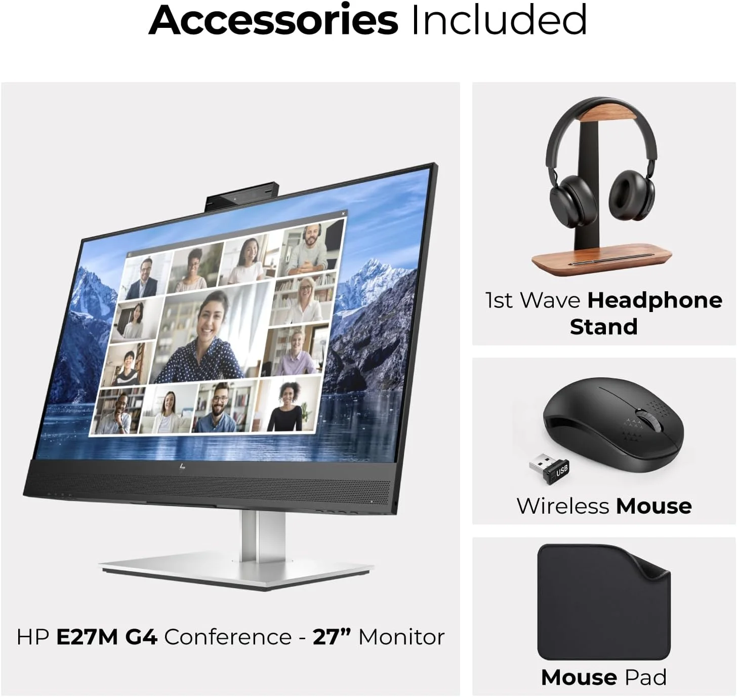 مانیتور کنفرانس تجاری 27 اینچی HP (شامل پایه هدست Wave 1st + ماوس بی سیم + پد ماوس) نمایشگر QHD، وب کم و بلندگوهای داخلی، هاب USB-C (E27m G4)