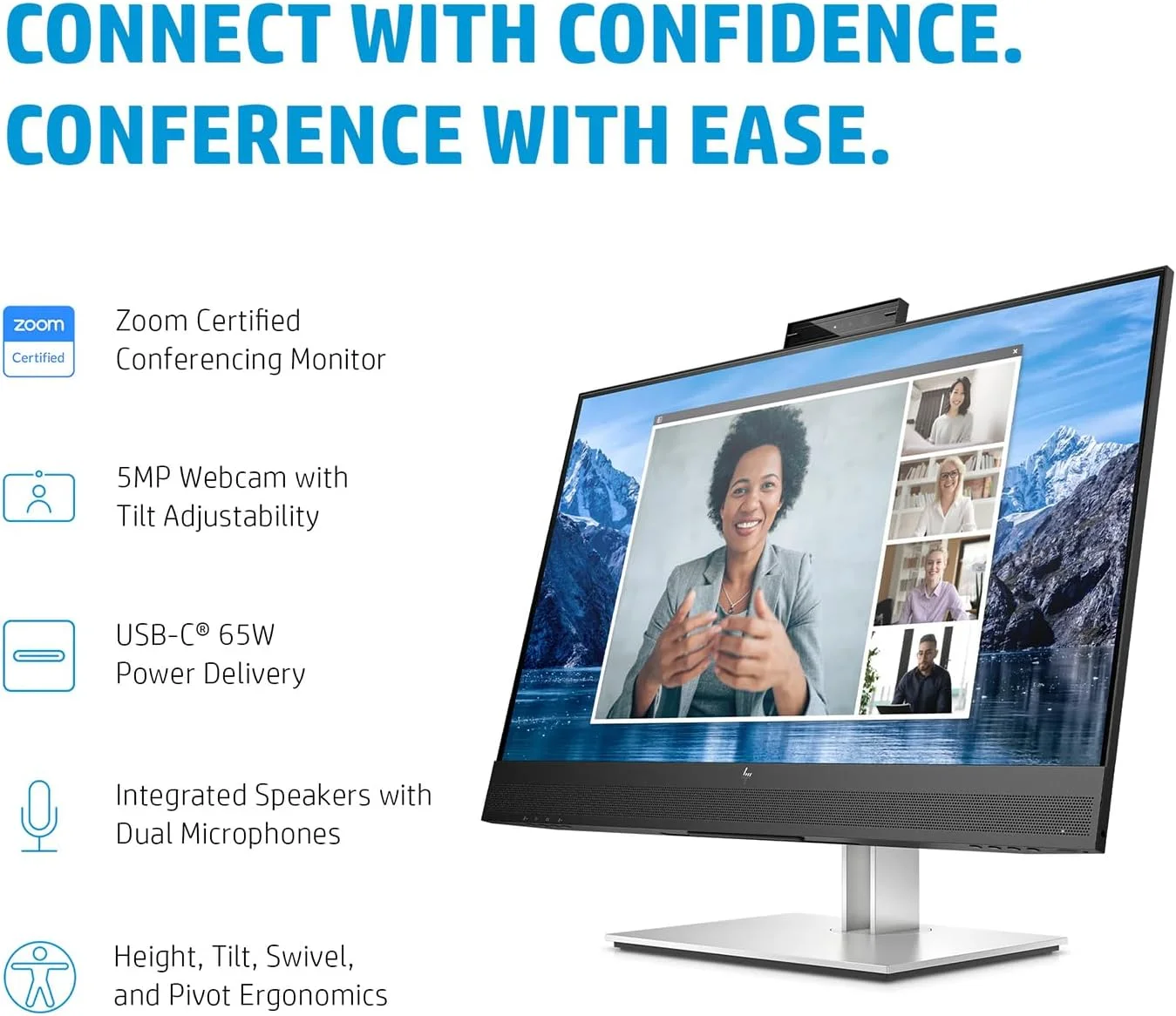 مانیتور کنفرانس تجاری 27 اینچی HP (شامل پایه هدست Wave 1st + ماوس بی سیم + پد ماوس) نمایشگر QHD، وب کم و بلندگوهای داخلی، هاب USB-C (E27m G4)