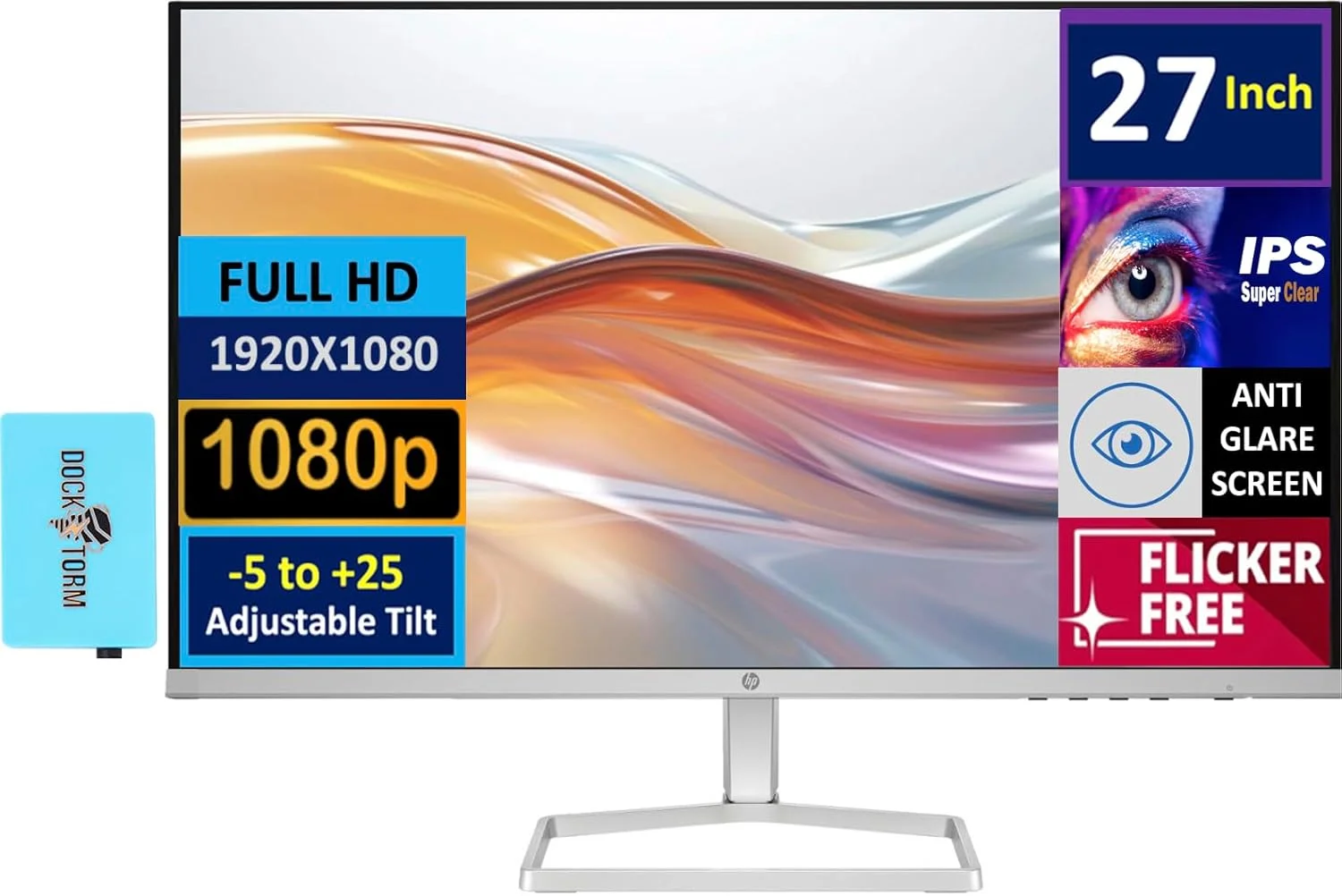 مانیتور 27 اینچی HP 1080P نقره ای و سفید با داک Docztorm، 27 اینچ Full HD (1920x1080) 75 هرتز ضد تابش نور، AMD FreeSync، 2 HDMI، 1 VGA، حالت نور آبی کم، ایده آل برای خانه و تجارت (مدل 2024)