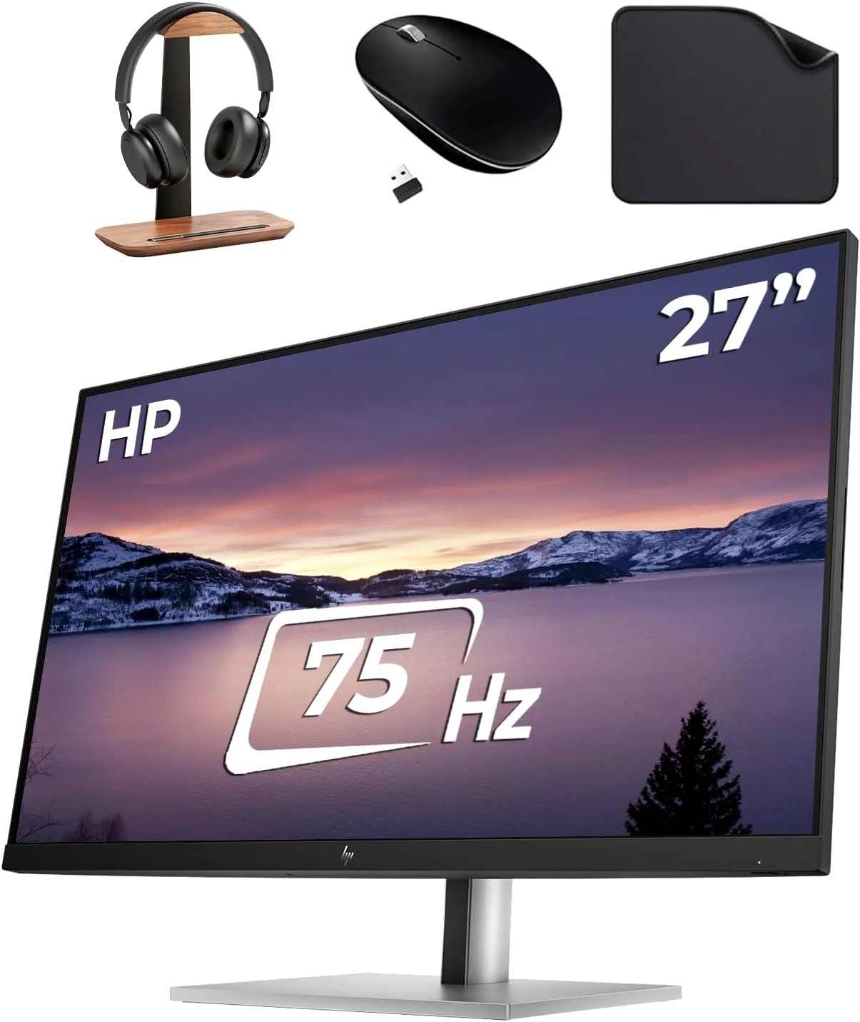 مانیتور حرفه ای 27 اینچی HP با صفحه نمایش FHD - پنل IPS، رزولوشن 1920x1080، نرخ تازه سازی 75 هرتز، 5 میلی ثانیه (شامل پایه هدست First Wave + ماوس بی سیم + پد ماوس) E27 G5