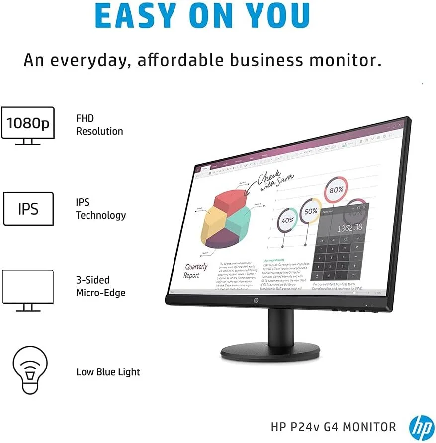 مانیتور 24 اینچی HP P24V - 9Tt78As، (60.96 سانتی متر) G4، مانیتور FHD 1920 X 1080 پیکسل، نمایشگر IPS با زمان پاسخگویی 5 میلی ثانیه و نرخ تازه سازی 75 هرتز، دارای پورت های VGA و HDMI، بدون حاشیه، حالت نور آبی کم، قابلیت نصب VESA، مشکی