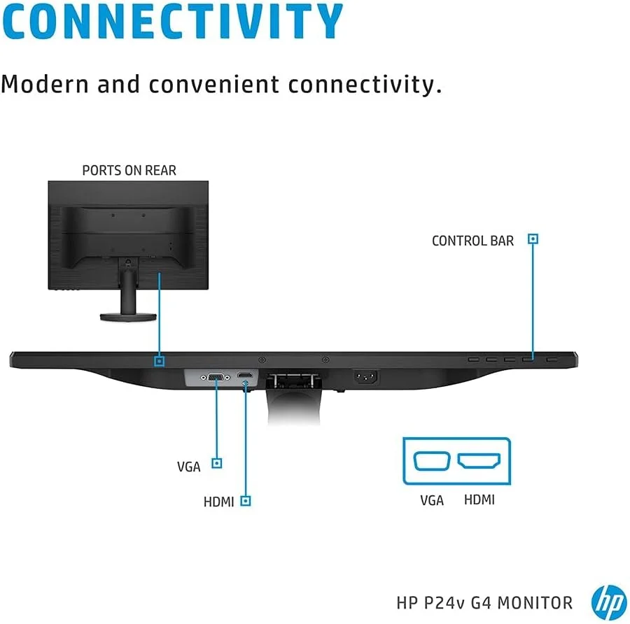 مانیتور 24 اینچی HP P24V - 9Tt78As، (60.96 سانتی متر) G4، مانیتور FHD 1920 X 1080 پیکسل، نمایشگر IPS با زمان پاسخگویی 5 میلی ثانیه و نرخ تازه سازی 75 هرتز، دارای پورت های VGA و HDMI، بدون حاشیه، حالت نور آبی کم، قابلیت نصب VESA، مشکی