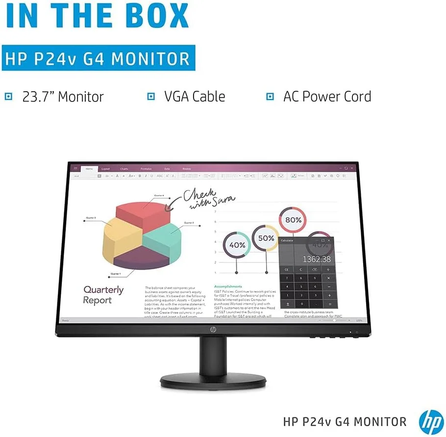 مانیتور 24 اینچی HP P24V - 9Tt78As، (60.96 سانتی متر) G4، مانیتور FHD 1920 X 1080 پیکسل، نمایشگر IPS با زمان پاسخگویی 5 میلی ثانیه و نرخ تازه سازی 75 هرتز، دارای پورت های VGA و HDMI، بدون حاشیه، حالت نور آبی کم، قابلیت نصب VESA، مشکی