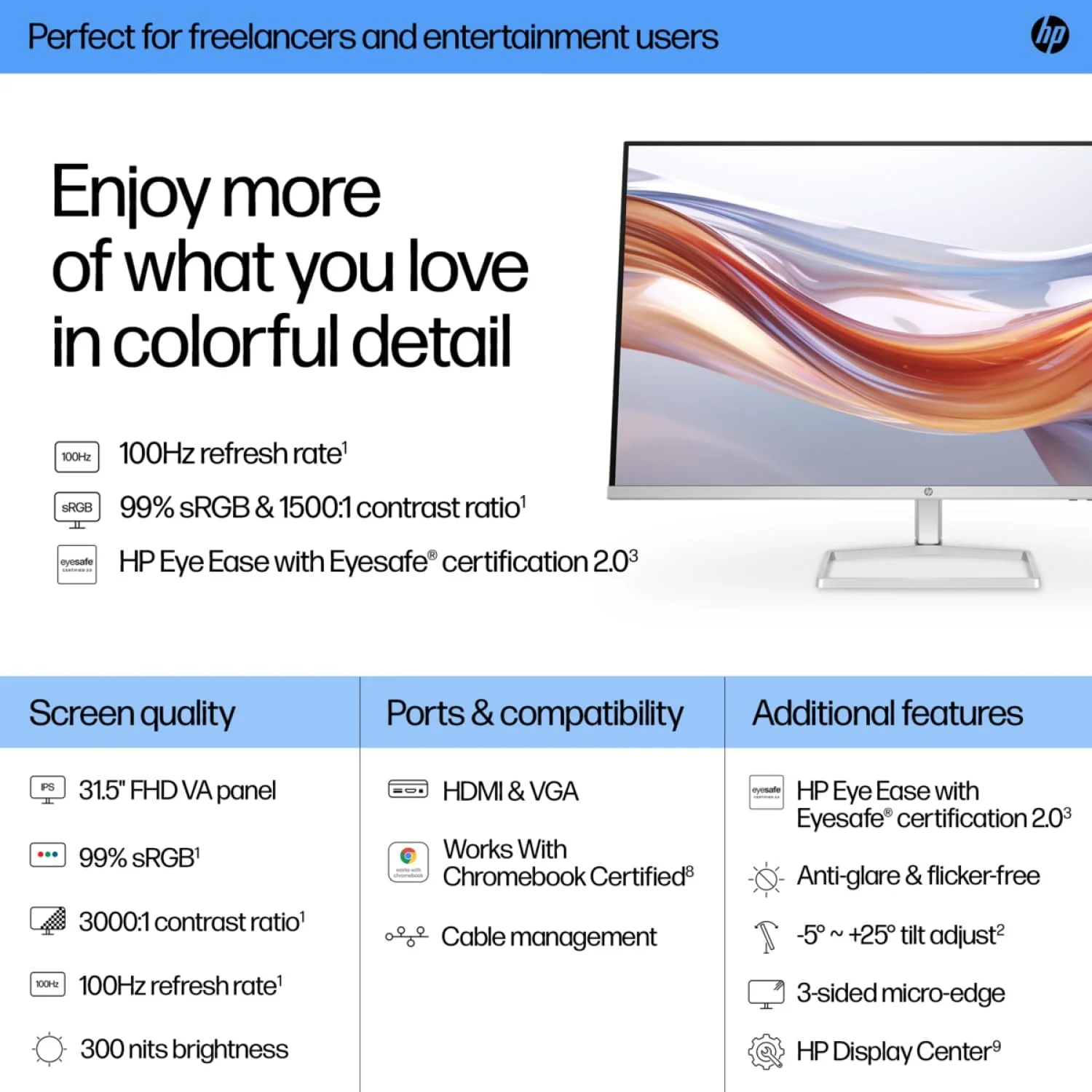 مانیتور تجاری 31.5 اینچی HP با صفحه نمایش FHD - پنل IPS، رزولوشن 1920x1080، پوشش 99% sRGB، نرخ نوسازی 100 هرتز، زمان پاسخگویی 5 میلیثانیه (شامل پایه هدست First Wave + ماوس بیسیم + ماوس پد First Wave) مدل s5 532sf مانیتور تجاری 31.5 اینچی HP با صفحه نمایش FHD - پنل IPS، رزولوشن 1920x1080، پوشش 99% sRGB، نرخ نوسازی 100 هرتز، زمان پاسخگویی 5 میلیثانیه (شامل پایه هدست First Wave + ماوس بیسیم + ماوس پد First Wave) مدل s5 532sf