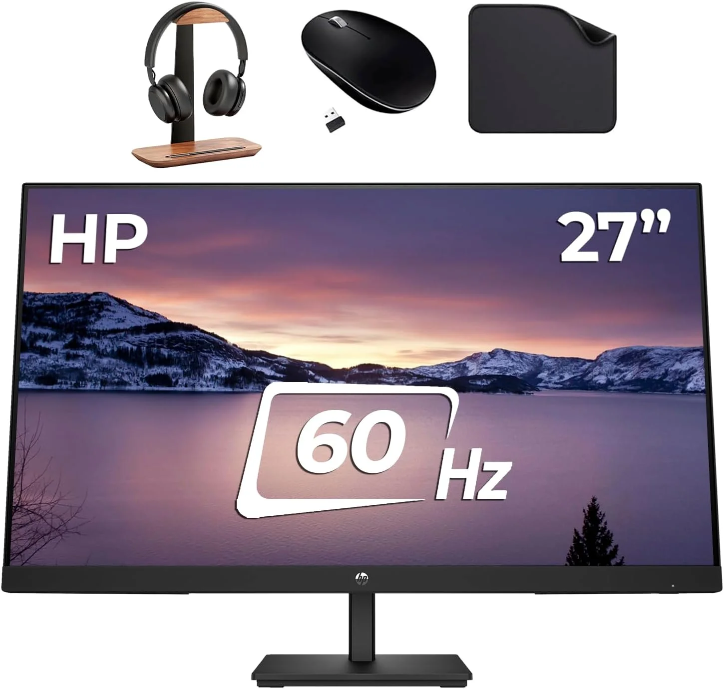 مانیتور 27 اینچی اداری HP با صفحه نمایش FHD - پنل IPS، رزولوشن 1920x1080، 60 هرتز، 5 میلی ثانیه، HDMI، VGA (شامل پایه هدست First Wave + ماوس بی سیم + پد ماوس) - V27i G5