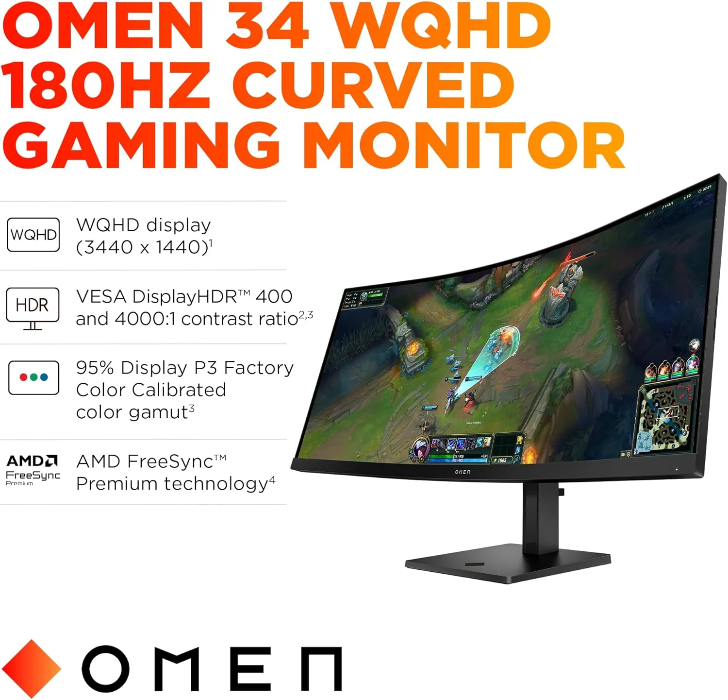 مانیتور گیمینگ خمیده 34 اینچی HP OMEN WQHD 180Hz، نمایشگر Wide QHD (3440 x 1440)، پنل VA، VESA DisplayHDR 400، زمان پاسخگویی 1ms MPRT (با Overdrive)، فناوری AMD FreeSync Premium، مشکی، OMEN 34c G2 (2025) مانیتور گیمینگ خمیده 34 اینچی HP OMEN WQHD 180Hz، نمایشگر Wide QHD (3440 x 1440)، پنل VA، VESA DisplayHDR 400، زمان پاسخگویی 1ms MPRT (با Overdrive)، فناوری AMD FreeSync Premium، مشکی، OMEN 34c G2 (2025)