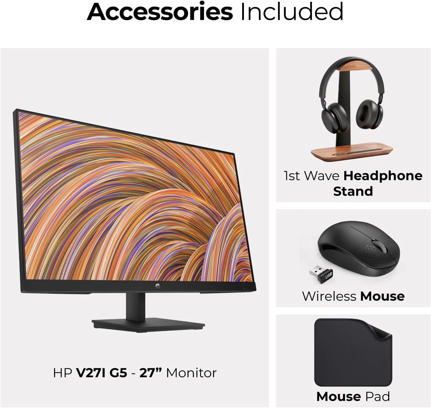 مانیتور 27 اینچی اداری HP با صفحه نمایش FHD - پنل IPS، رزولوشن 1920x1080، 60 هرتز، 5 میلی ثانیه، HDMI، VGA (شامل پایه هدست First Wave + ماوس بی سیم + پد ماوس) - V27i G5 مانیتور 27 اینچی اداری HP با صفحه نمایش FHD - پنل IPS، رزولوشن 1920x1080، 60 هرتز، 5 میلی ثانیه، HDMI، VGA (شامل پایه هدست First Wave + ماوس بی سیم + پد ماوس) - V27i G5