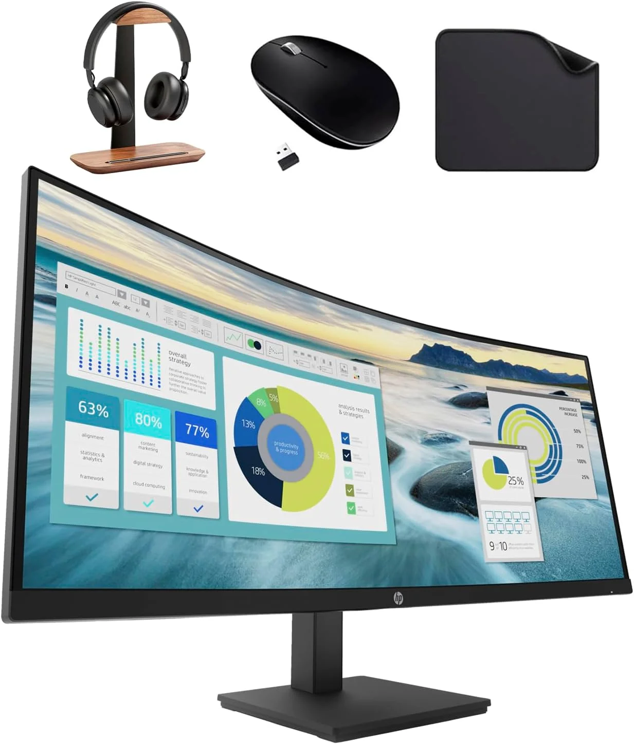 مانیتور خمیده فوق عریض 34 اینچی HP مدل P34hc G4 مناسب کسب و کار با رزولوشن WQHD و درگاه USB-C - پنل IPS، رزولوشن 3440x1440، نرخ نوسازی 100 هرتز، HDMI، DisplayPort، USB-C (شامل پایه هدست 1st Wave + ماوس بی سیم + پد ماوس)