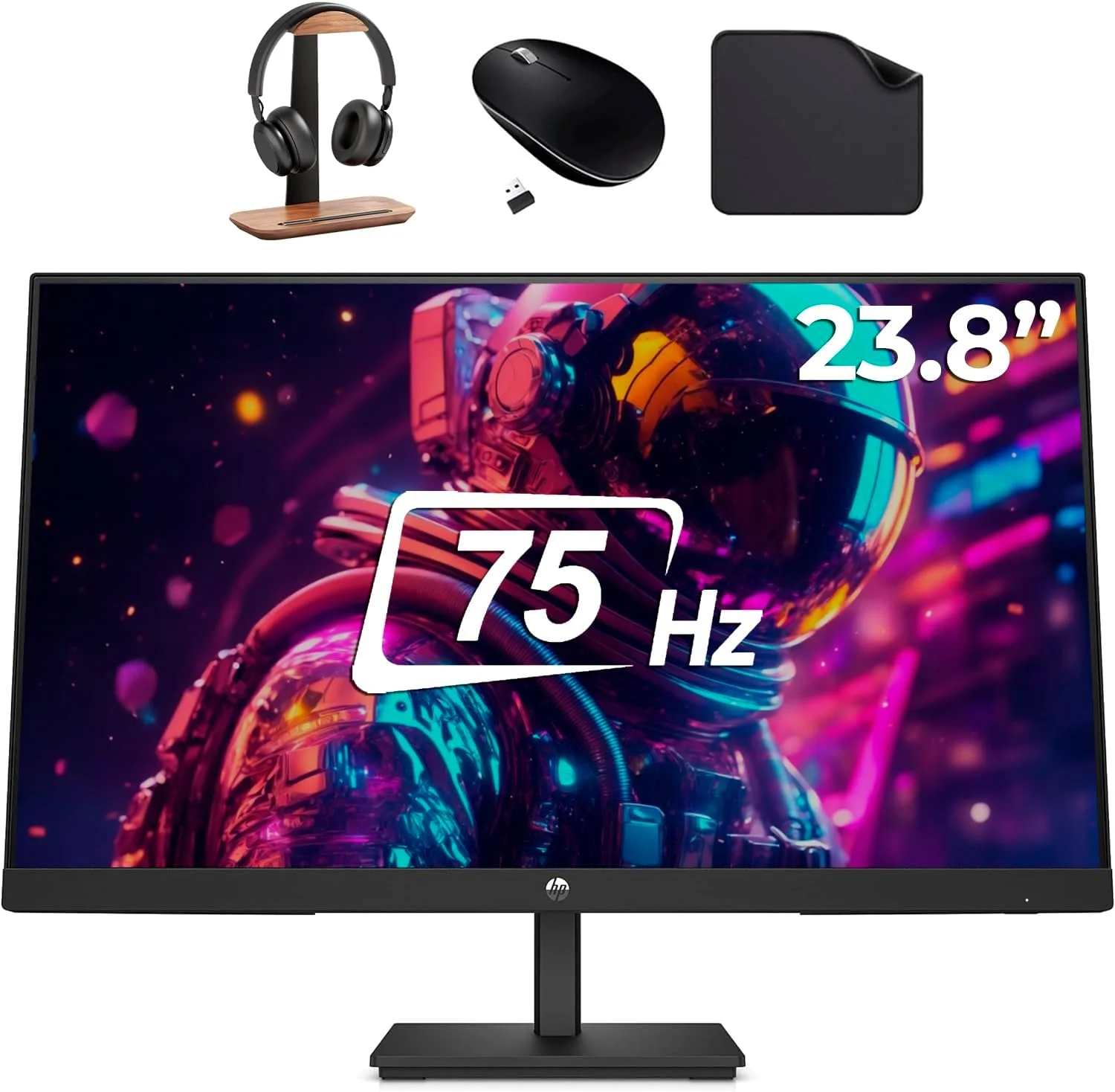 مانیتور اداری 23.8 اینچی HP با صفحه نمایش FHD - پنل VA، رزولوشن 1920x1080، نرخ تازه سازی 75 هرتز، 5 میلی ثانیه، HDMI، VGA (شامل پایه هدست First Wave + ماوس بی سیم + پد ماوس) - P24v G5