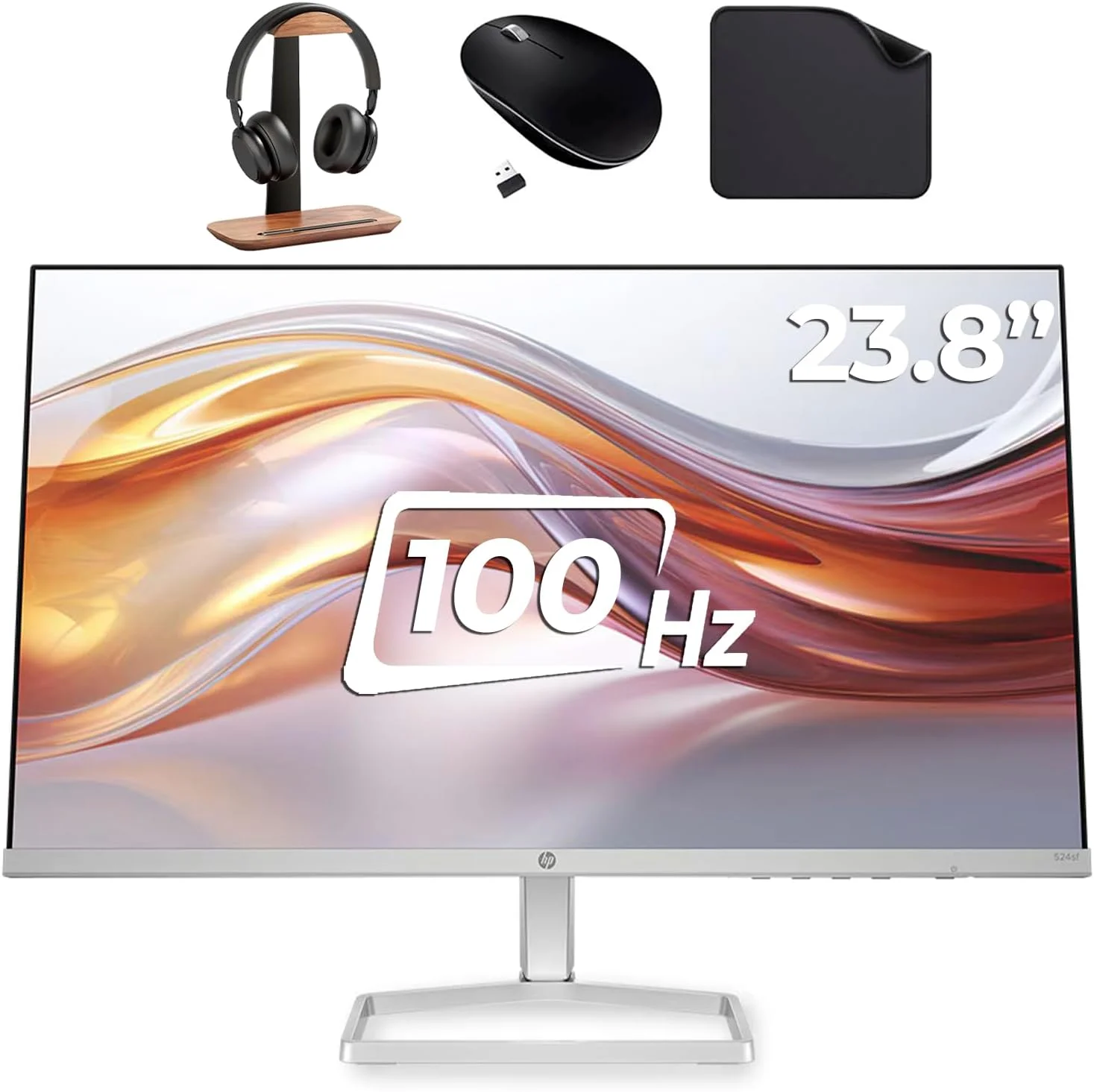 مانیتور 23.8 اینچی تجاری HP با صفحه نمایش FHD - پنل IPS، رزولوشن 1920x1080، 100 هرتز، 5 میلی‌ثانیه، HDMI، VGA (شامل پایه هدست First Wave + ماوس بی‌سیم + پد ماوس) - S5 524SF