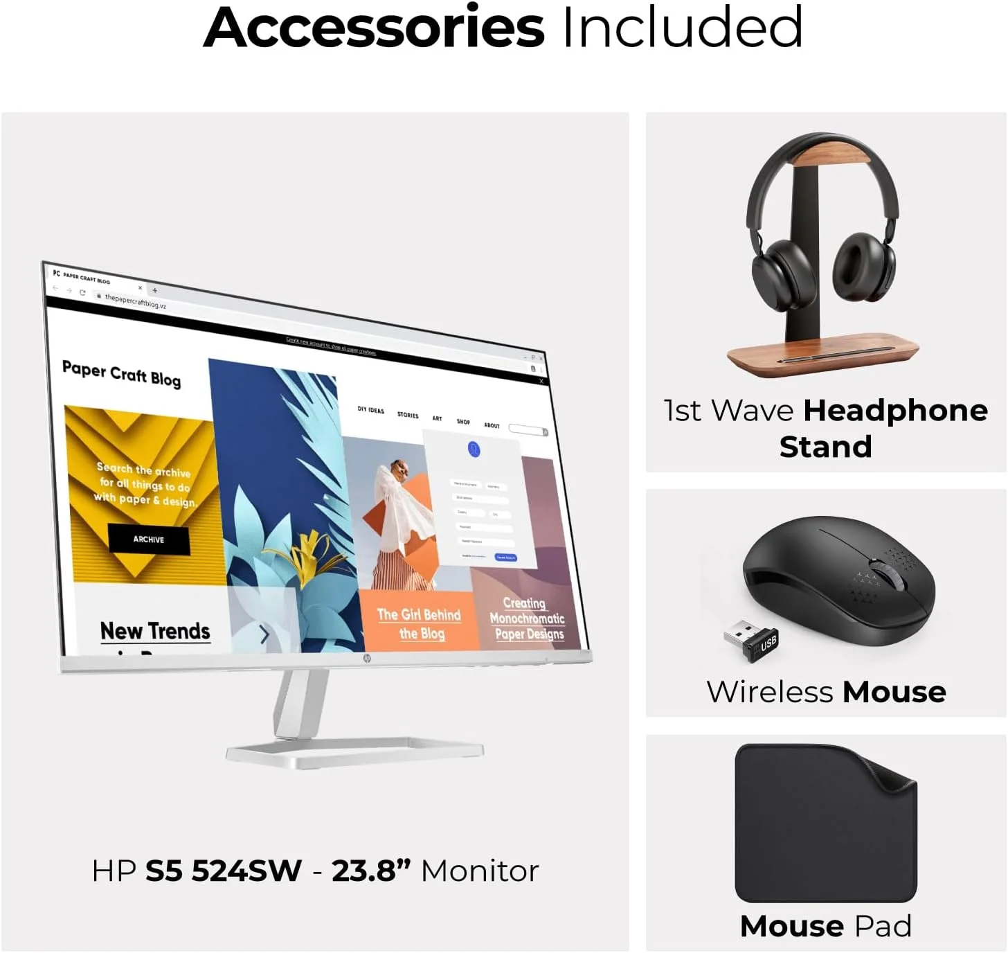 مانیتور 23.8 اینچی تجاری HP با صفحه نمایش FHD (سفید) - پنل IPS، رزولوشن 1920x1080، 100 هرتز، 5 میلی‌ثانیه، HDMI، DisplayPort، VGA (شامل پایه هدست First Wave + ماوس بی‌سیم + ماوس پد First Wave) - s5 524sw