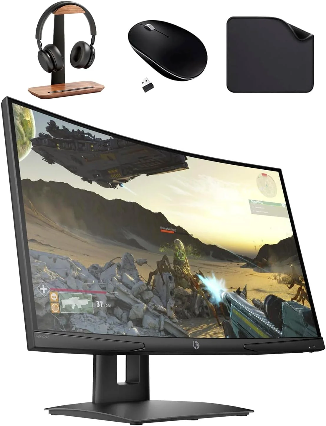 مانیتور گیمینگ 23.6 اینچی خمیده HP با کیفیت FHD - پنل VA، رزولوشن 1920x1080، نرخ تازه‌سازی 144 هرتز، زمان پاسخگویی 1 میلی‌ثانیه، HDMI، DisplayPort (شامل پایه هدست First Wave + ماوس بی‌سیم + پد ماوس) - X24c