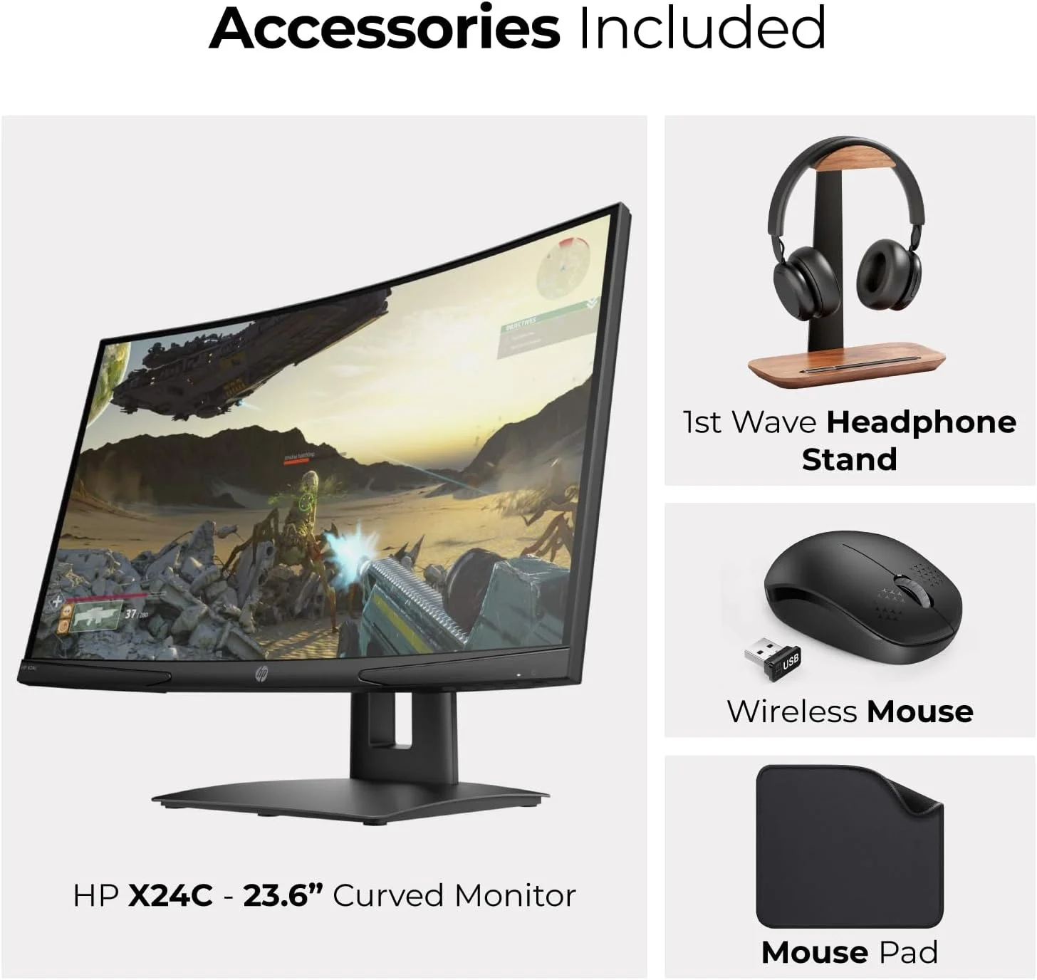 مانیتور گیمینگ 23.6 اینچی خمیده HP با کیفیت FHD - پنل VA، رزولوشن 1920x1080، نرخ تازهسازی 144 هرتز، زمان پاسخگویی 1 میلیثانیه، HDMI، DisplayPort (شامل پایه هدست First Wave + ماوس بیسیم + پد ماوس) - X24c مانیتور گیمینگ 23.6 اینچی خمیده HP با کیفیت FHD - پنل VA، رزولوشن 1920x1080، نرخ تازهسازی 144 هرتز، زمان پاسخگویی 1 میلیثانیه، HDMI، DisplayPort (شامل پایه هدست First Wave + ماوس بیسیم + پد ماوس) - X24c