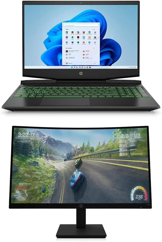 لپ تاپ گیمینگ HP Pavilion 15-dk2117ne، 15.6 اینچ FHD، نسل 11 پردازنده Intel® Core™ i5، رم 16 گیگابایت، SSD 512 گیگابایت، کارت گرافیک 4 گیگابایت NVIDIA® GeForce RTX™ 3050، ویندوز 11، صفحه کلید انگلیسی-عربی مشکی سایه + مانیتور گیمینگ HP X27c FHD
