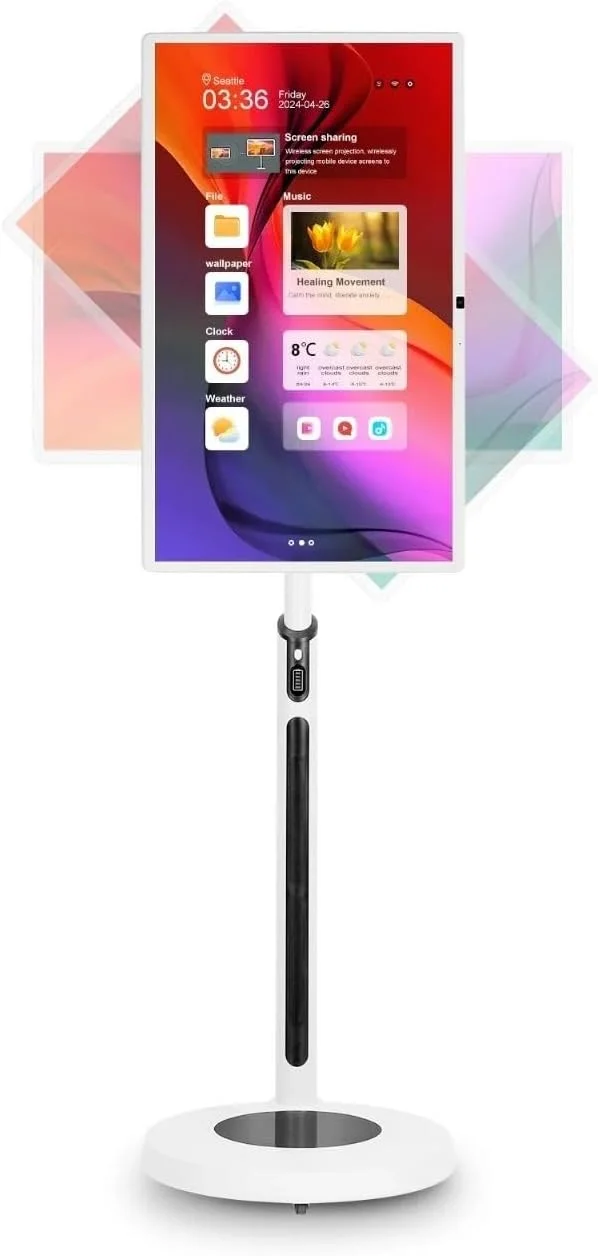 مانیتور لمسی قابل حمل 24 اینچی 8 گیگابایت رم، 128 گیگابایت حافظه داخلی با پایه ایستاده UHD، نمایشگرهای تلویزیون با پایه متحرک، بالابر، چرخش آزادانه، باتری داخلی و حرکت کامل + پلی استور