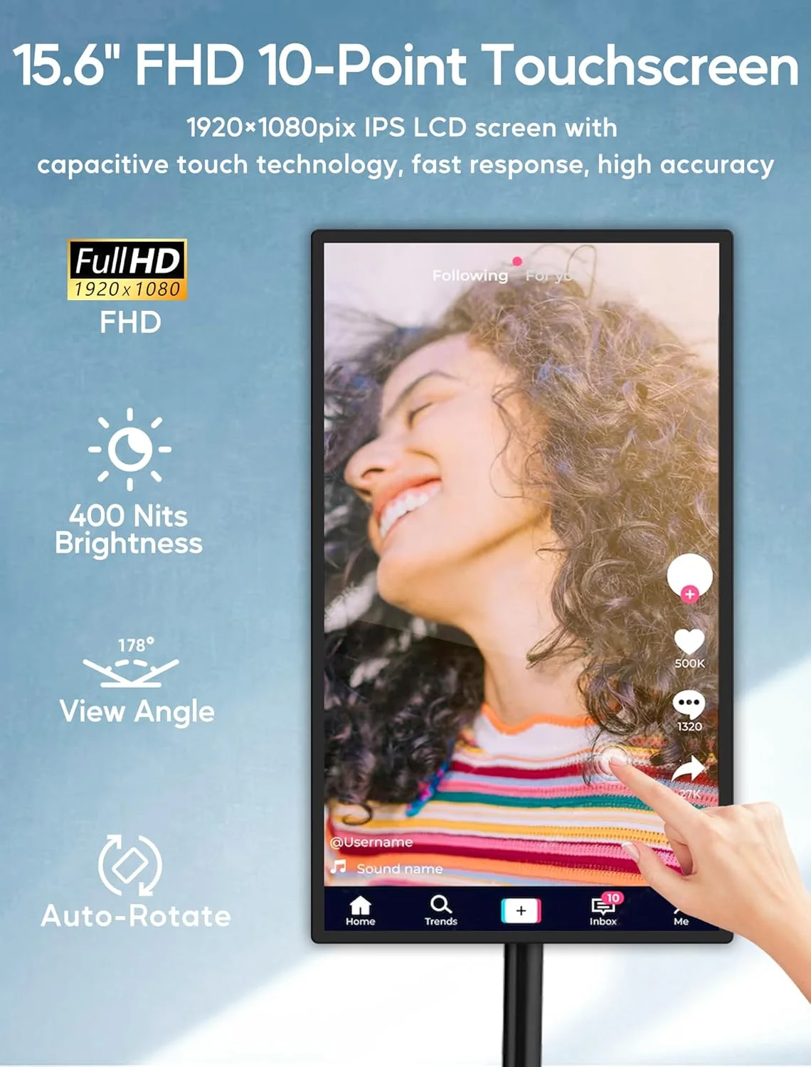 نمایشگر تبلیغاتی لمسی خازنی 15.6 اینچی PWR4GTR با پایه قابل تنظیم، مانیتور LCD تجاری اندروید 11 با پخش خودکار، نمایشگر بی سیم، 4+64 گیگابایت (بدون باتری)