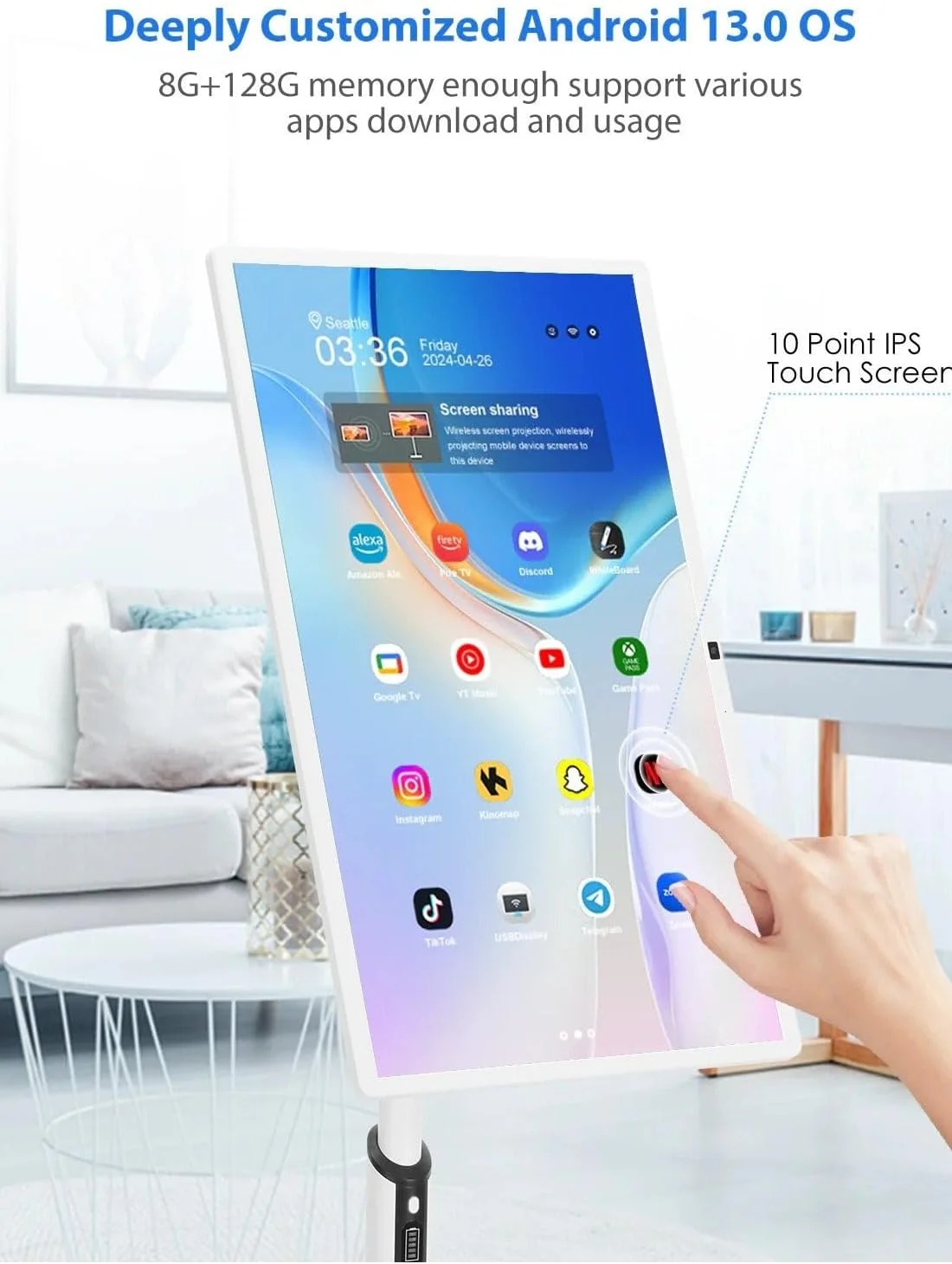 مانیتور لمسی قابل حمل 24 اینچی 8 گیگابایت رم، 128 گیگابایت حافظه داخلی با پایه ایستاده UHD، نمایشگرهای تلویزیون با پایه متحرک، بالابر، چرخش آزادانه، باتری داخلی و حرکت کامل + پلی استور مانیتور لمسی قابل حمل 24 اینچی 8 گیگابایت رم، 128 گیگابایت حافظه داخلی با پایه ایستاده UHD، نمایشگرهای تلویزیون با پایه متحرک، بالابر، چرخش آزادانه، باتری داخلی و حرکت کامل + پلی استور