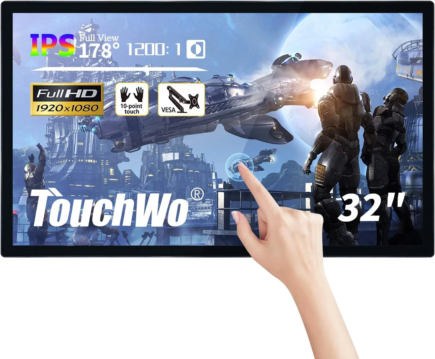 مانیتور صنعتی لمسی خازنی 32 اینچی TouchWo، صفحه نمایش 16:9 با رزولوشن 1920x1080P، بلندگوهای داخلی، پورت های USB، VGA، DVI و HD-MI، نمایشگر و پخش کننده دیجیتال ساینیج برای تبلیغات