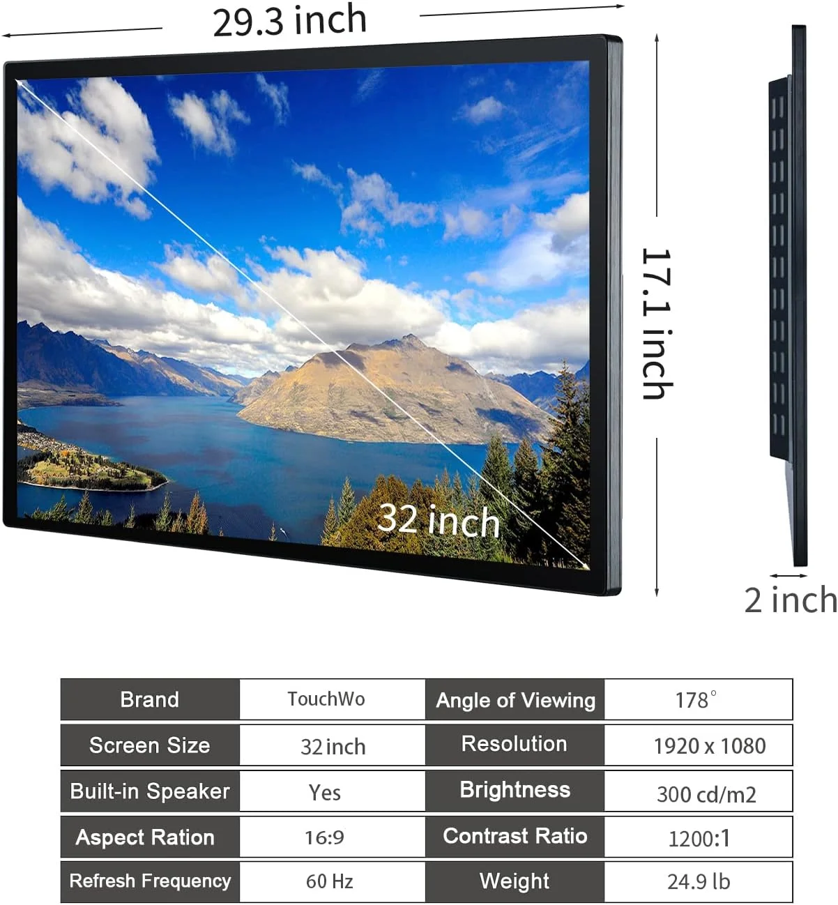 مانیتور صنعتی لمسی خازنی 32 اینچی TouchWo، صفحه نمایش 16:9 با رزولوشن 1920x1080P، بلندگوهای داخلی، پورت های USB، VGA، DVI و HD-MI، نمایشگر و پخش کننده دیجیتال ساینیج برای تبلیغات