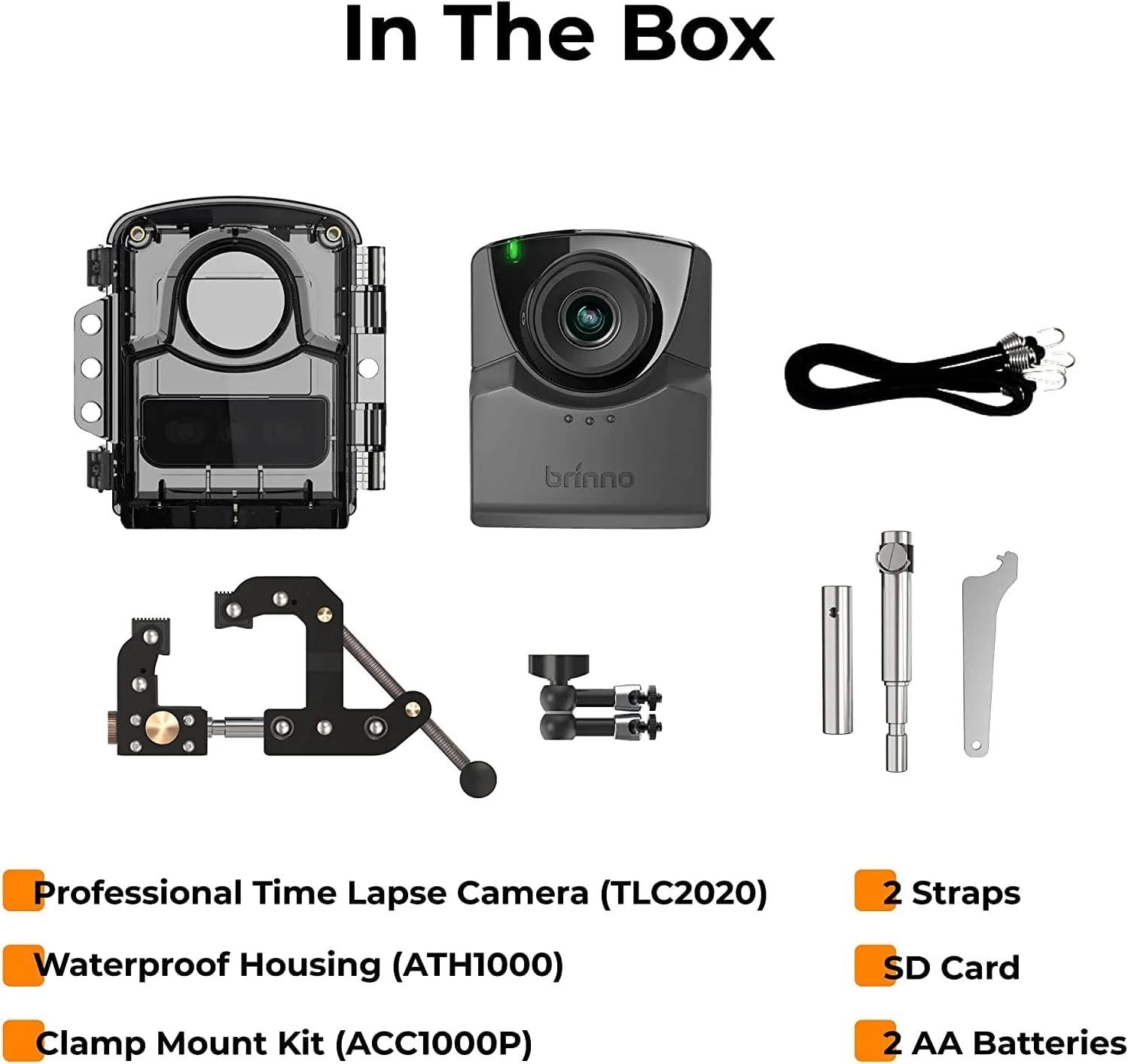 دوربین تایم لپس برینو مدل TLC2020-C مناسب ساخت و ساز، FHD 1080P، دارای محفظه ضد آب IP67، گیره استیل ضد زنگ با قابلیت چرخش 360 درجه، عمر باتری طولانی، شامل بازوی سه پایه، باتری های AA و کارت microSD