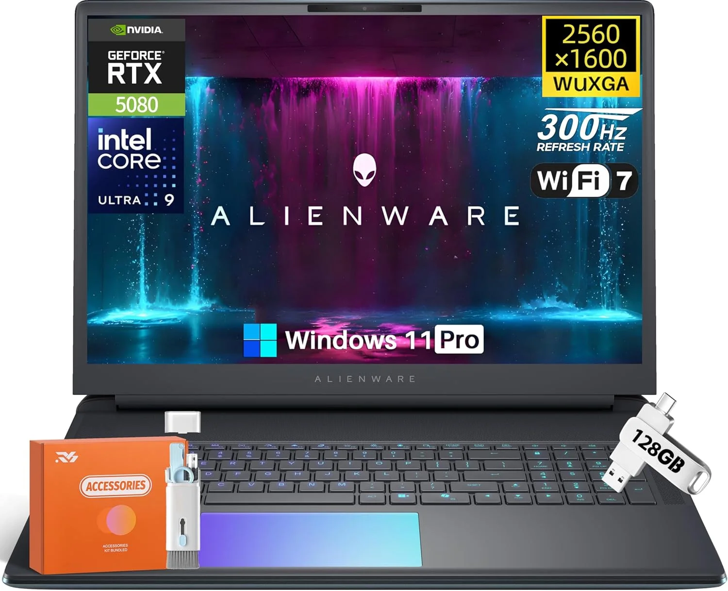 لپ تاپ گیمینگ Alienware 18 Area-51، صفحه نمایش 18 اینچی WQXGA 300Hz 2.5K، پردازنده Intel Ultra 9 275HX (تا 5.4 گیگاهرتز)، کارت گرافیک NVIDIA RTX 5080، رم 64 گیگابایتی DDR5، حافظه SSD 2 ترابایتی، Wi-Fi 7، دوربین 4K، کیبورد با نور پس زمینه، سیستم خنک کننده چهار فن، ویندوز 11 پرو