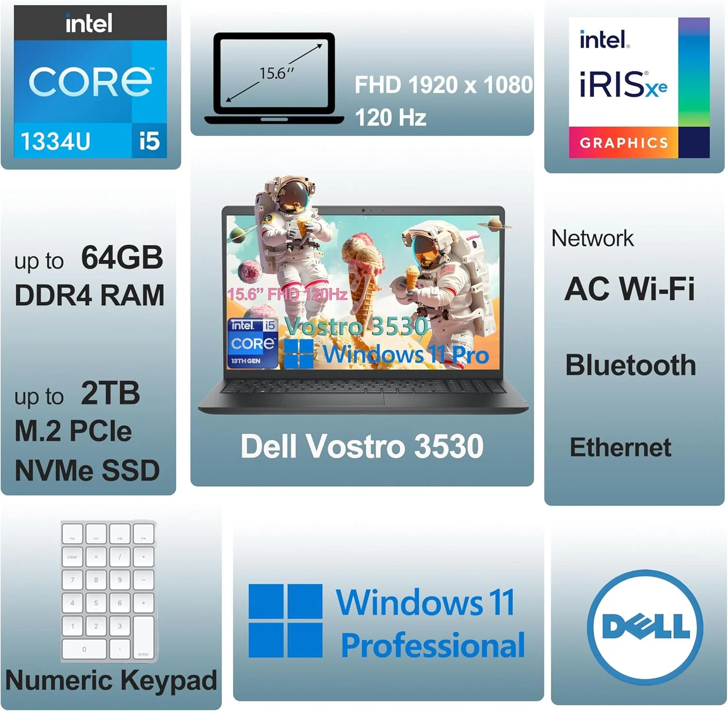 لپ تاپ 15.6 اینچی Dell 3530 برای کسب و کار و دانشجویان خانگی، پردازنده 10 هسته ای Intel i5-1334U (بهتر از i7-1250U)، لپ تاپ 120 هرتز FHD Vostro، WiFi، بلوتوث، ویندوز 11 پرو (32 گیگابایت رم | 1 ترابایت PCIe SSD)