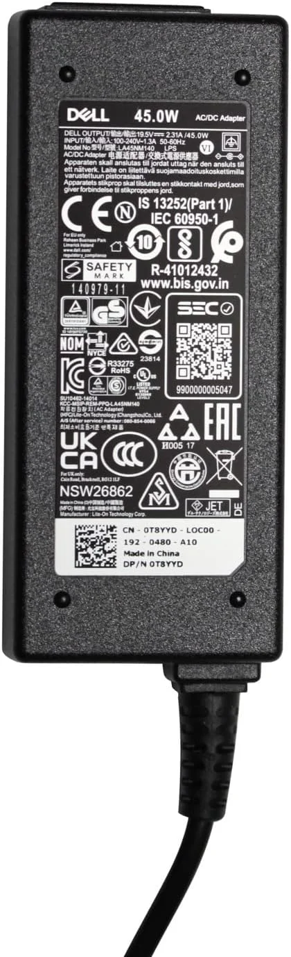 آداپتور جدید و اورجینال دل 19.5 ولت 2.31 آمپر 45 وات سازگار با پارت نامبر LA45NM140 HA45NM140 DA45NM131 KXTTW 0KXTTW 0JT9DM JT9DM YTFJC 70VTC شارژر نوت بوک به همراه کابل برق UK