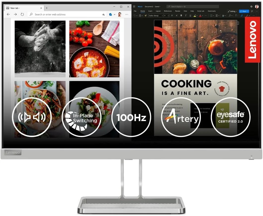مانیتور 24 اینچی لنوو سری L مدل L24i-40 | FHD IPS فوق باریک | 100 هرتز، 99% sRGB، HDMI، پایه قابل تنظیم شیب، 2 بلندگوی 3 واتی، سفارشی‌سازی نمایشگر هوشمند Artery، مناسب برای استفاده در خانه و محل کار، خاکستری