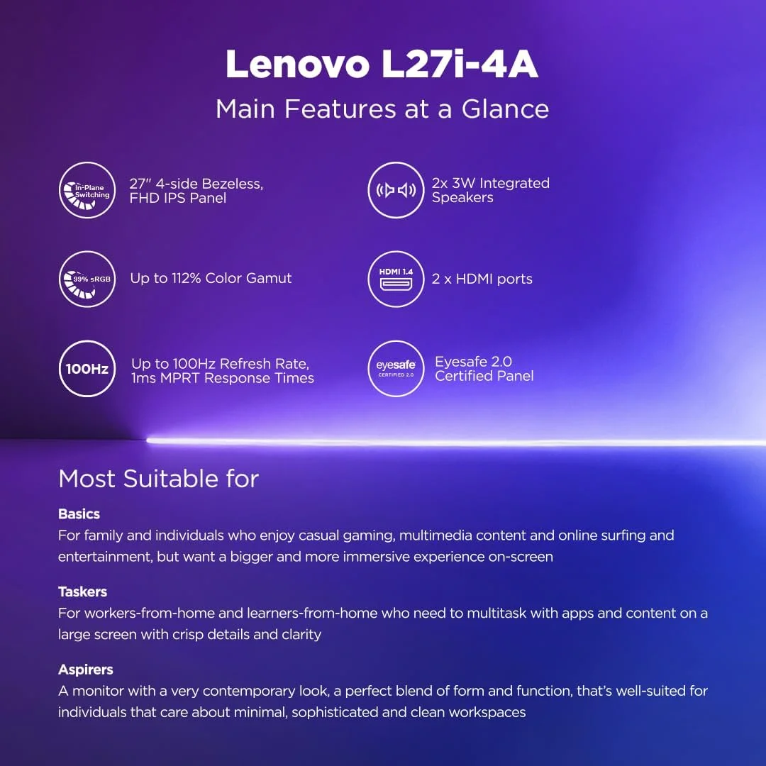 مانیتور 27 اینچی FHD IPS سری L لنوو (68.5 سانتی متر)| 100 هرتز، 1 میلی ثانیه، FreeSync، 99% sRGB، بلندگوهای 3Wx2، سفارشی سازی نمایشگر هوشمند Artery، 2X HDMI 1.4، 1x VGA، Tilt، خاکستری ابری، L27i-4A مانیتور 27 اینچی FHD IPS سری L لنوو (68.5 سانتی متر)| 100 هرتز، 1 میلی ثانیه، FreeSync، 99% sRGB، بلندگوهای 3Wx2، سفارشی سازی نمایشگر هوشمند Artery، 2X HDMI 1.4، 1x VGA، Tilt، خاکستری ابری، L27i-4A