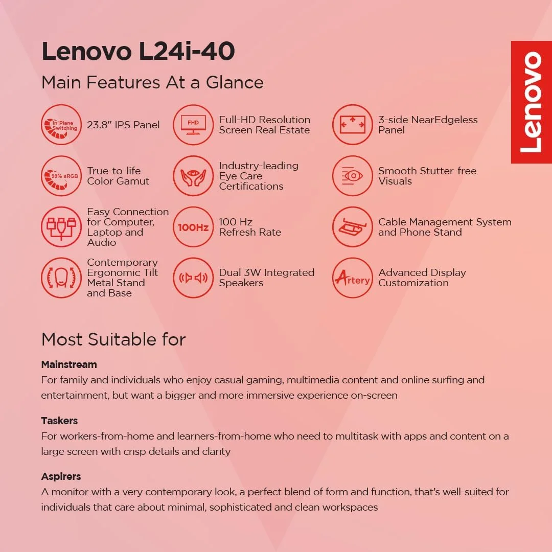 مانیتور 24 اینچی لنوو سری L مدل L24i-40 | FHD IPS فوق باریک | 100 هرتز، 99% sRGB، HDMI، پایه قابل تنظیم شیب، 2 بلندگوی 3 واتی، سفارشی‌سازی نمایشگر هوشمند Artery، مناسب برای استفاده در خانه و محل کار، خاکستری