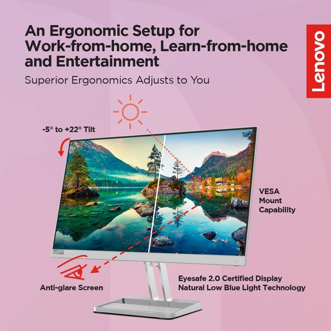 مانیتور 24 اینچی لنوو سری L مدل L24i-40 | FHD IPS فوق باریک | 100 هرتز، 99% sRGB، HDMI، پایه قابل تنظیم شیب، 2 بلندگوی 3 واتی، سفارشی‌سازی نمایشگر هوشمند Artery، مناسب برای استفاده در خانه و محل کار، خاکستری
