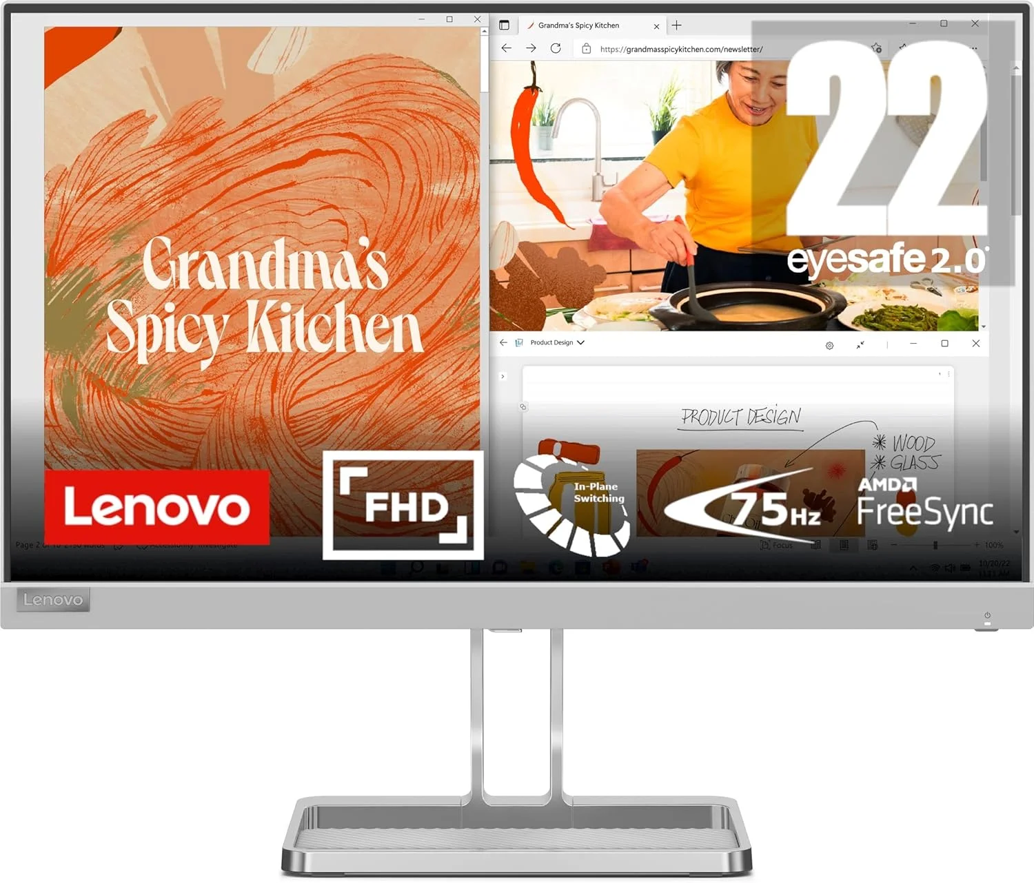مانیتور گیمینگ 22 اینچی لنوو L22i-40 با پنل IPS، کیفیت FullHD، نرخ نوسازی 75 هرتز، پورت HDMI، VGA، AMD FreeSync، بلندگو و پایه قابل تنظیم - خاکستری ابری