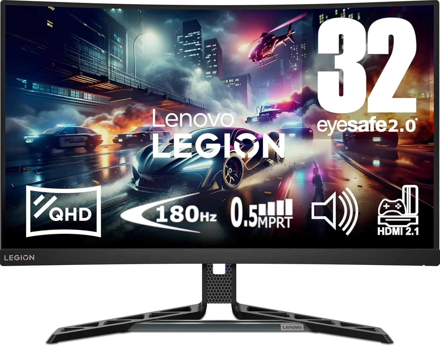 مانیتور گیمینگ لنوو Legion R32qc-30 خمیده QHD VA با نرخ 180 هرتز و زمان پاسخگویی 0.5 میلی‌ثانیه، دارای HDMI 2.1، DisplayPort، AMD FreeSync، بلندگو، قابلیت تنظیم شیب، چرخش و ارتفاع