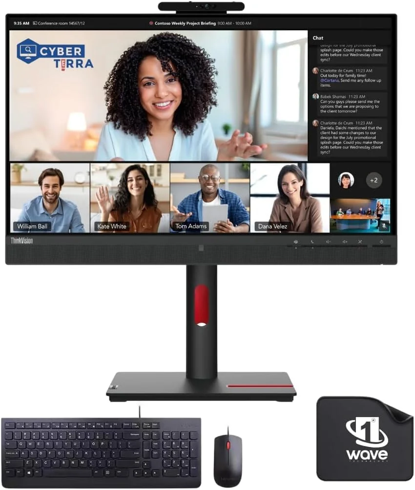 مانیتور کنفرانس 24 اینچی لنوو ThinkVision FHD (T24MV-30) شامل کیبورد و ماوس سیمی + ماوس پد First Wave | USB Type-C، ضد تابش نور، ورودی HDMI، نور آبی کم، حسگر هوشمند