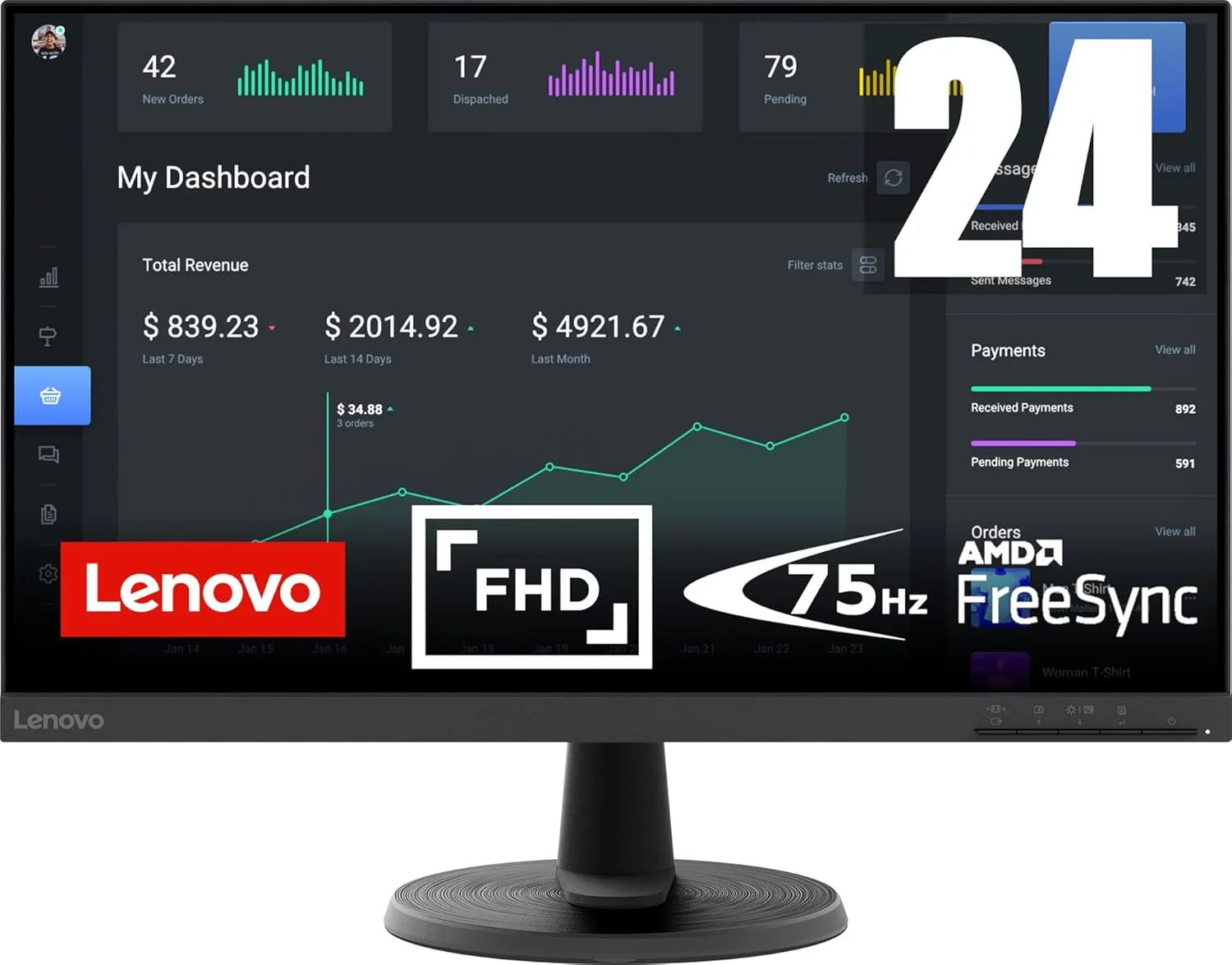 مانیتور 24 اینچی لنوو D24-40 فول اچ دی (1080p) (پنل VA، 75 هرتز، 4-7 میلی‌ثانیه، HDMI، VGA، AMD FreeSync) - مشکی کلاغی