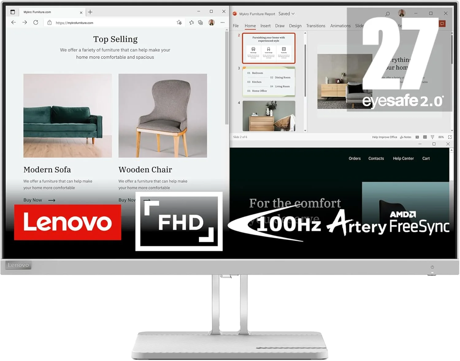 مانیتور روزمره Lenovo L27e-40 - نمایشگر 27 اینچی FHD - 100 هرتز - زمان پاسخگویی 4ms–16ms - AMD FreeSync - دارای گواهی Low Bluelight - پایه شیب دار - HDMI 1.4 - VGA - خروجی صدا