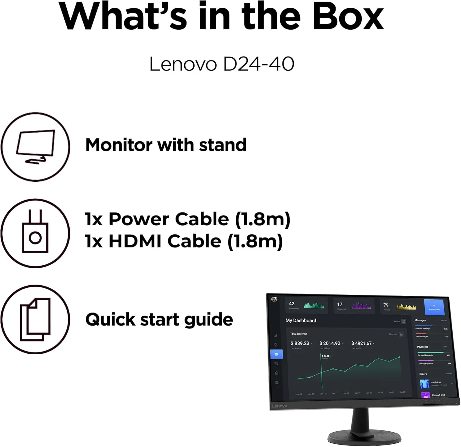 مانیتور 24 اینچی لنوو D24-40 فول اچ دی (1080p) (پنل VA، 75 هرتز، 4-7 میلی‌ثانیه، HDMI، VGA، AMD FreeSync) - مشکی کلاغی