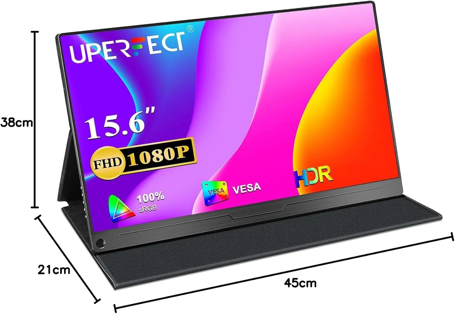 مانیتور قابل حمل UPERFECT، 2025 [نسخه جدید] 15.6 اینچ IPS HDR 1920X1080 FHD مراقبت از چشم، مانیتور بازی USB C، نمایشگر کامپیوتر با دو بلندگو HDMI Type-C VESA برای لپ تاپ PC MAC تلفن همراه با کیف هوشمند