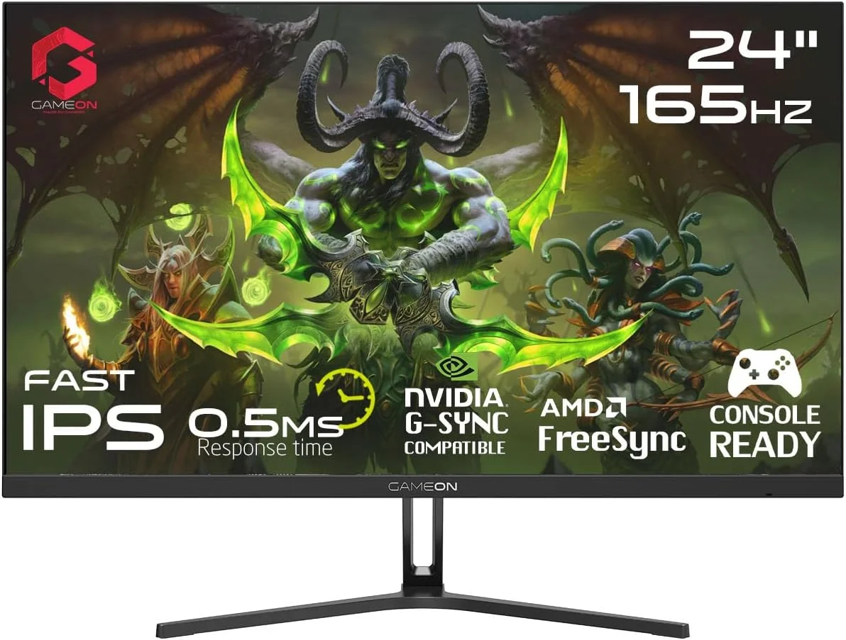 مانیتور گیمینگ جدید GAMEON 2025 با رزولوشن 1920x1080p، سایز 24 اینچ، مدل GOE24FHD165IPS، FHD IPS، نرخ تازه‌سازی 165 هرتز، زمان پاسخگویی 0.5 میلی‌ثانیه، دارای 2.1 HDMI، پشتیبانی از G-Sync و FreeSync، HDR، بلندگوهای داخلی، آماده برای کنسول [اختصاصی آمازون]