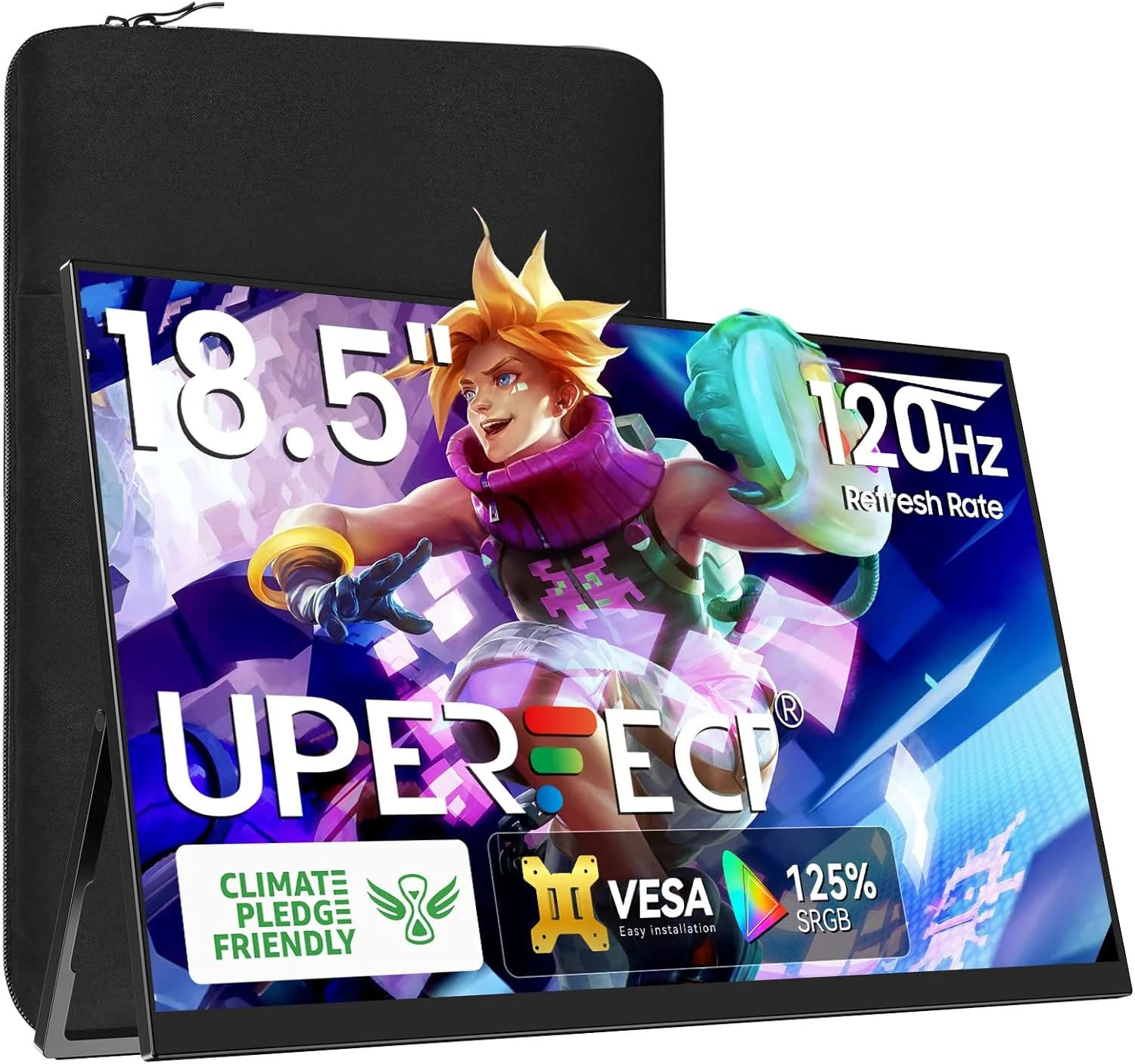 مانیتور قابل حمل UPERFECT، 18.5 اینچ، 120 هرتز، 125% sRGB، 1500:1، 1080P با VESA و پایه، 180 درجه قابل تنظیم، فوق العاده باریک و سبک، بدون فریم FHD FreeSync IPS، مانیتور دوم مسافرتی برای لپ تاپ