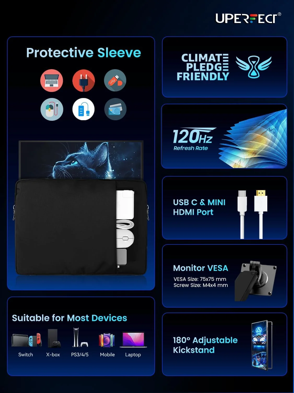 مانیتور قابل حمل UPERFECT، 18.5 اینچ، 120 هرتز، 125% sRGB، 1500:1، 1080P با VESA و پایه، 180 درجه قابل تنظیم، فوق العاده باریک و سبک، بدون فریم FHD FreeSync IPS، مانیتور دوم مسافرتی برای لپ تاپ