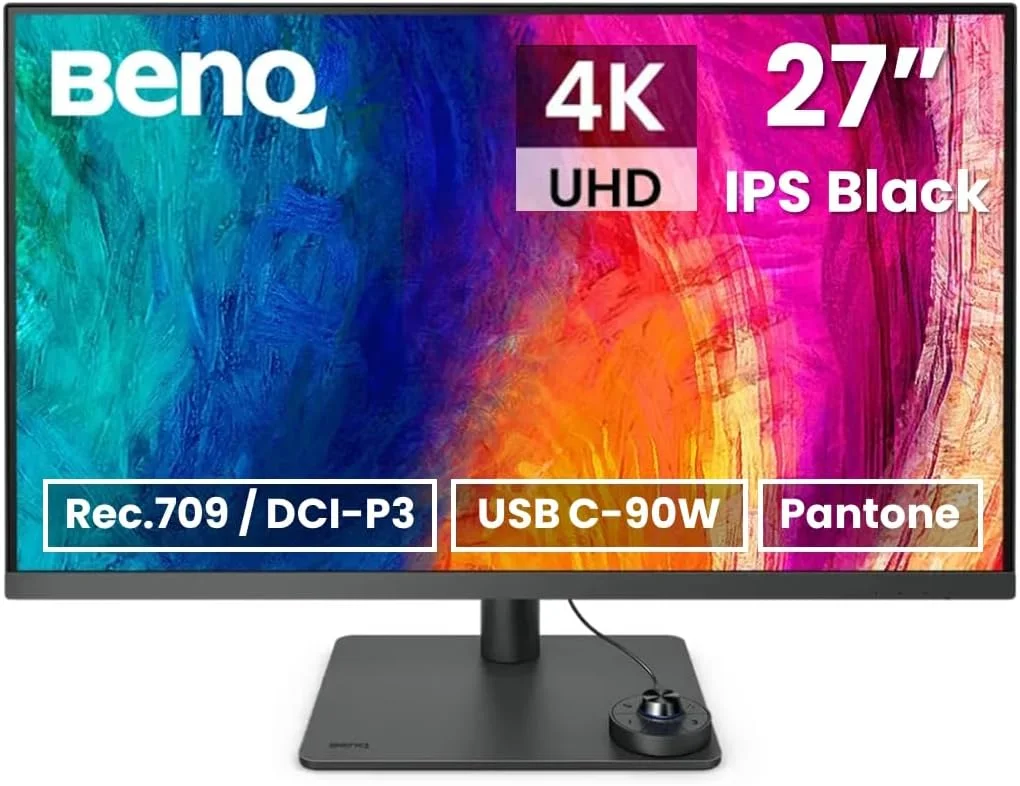 مانیتور 27 اینچی بنکیو PD2706U با رزولوشن 4K HDR، پوشش 99% REC709 و sRGB، پوشش 95% P3، تاییدیه Pantone Skintone، تاییدیه Calman، حالت CAD/CAM و انیمیشن، KVM، چرخش خودکار، PIP/PBP، هاب USB، HDMI، DP، USB-C (PD90W) (خاکستری تیره)