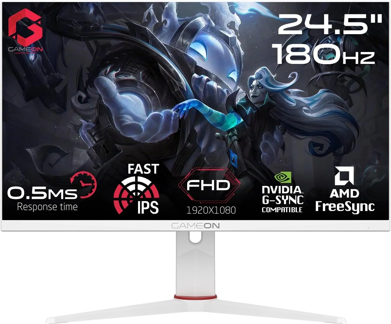 مانیتور گیمینگ GAMEON GOA24FHD180IPS Artic Pro-Series، مانیتور گیمینگ سفید 24 اینچ، 1920x1080p FHD، پنل IPS، نرخ تازه‌سازی 180 هرتز، زمان پاسخگویی 0.5 میلی‌ثانیه، 2.1 HDMI، Free Sync&G-Sync، پشتیبانی از PS5