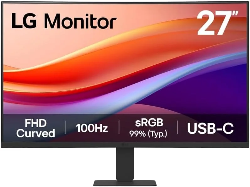مانیتور خمیده 27 اینچی LG 27U421A-B FHD (1920x1080)، نرخ نوسازی 100 هرتز، زمان پاسخگویی 5 میلی‌ثانیه، HDR10، USB-C (توان 15 وات) + HDMI، طراحی بدون حاشیه در 3 طرف، پایه با قابلیت تنظیم شیب