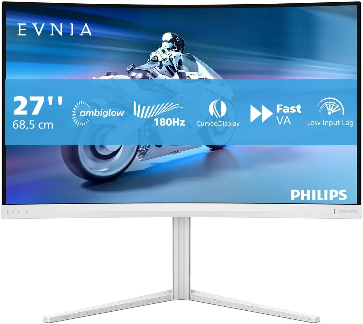 مانیتور گیمینگ خمیده 27 اینچی PHILIPS Evnia 27M2C5201L - FHD، 180 هرتز، 1 میلی‌ثانیه GtG، FreeSync Prem. (1920x1080، 2x HDMI 2.0، 1x DP 1.4) سفید