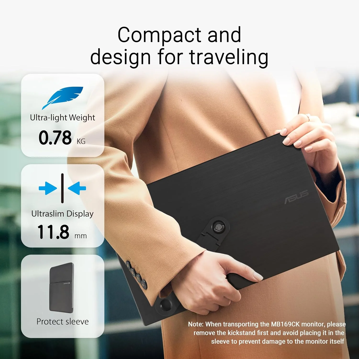 مانیتور قابل حمل 16 اینچی USB ایسوس ZenScreen مدل (MB169CK) - Full HD، IPS، دو پورت USB-C، Mini-HDMI، مراقبت از چشم، بدون پرش تصویر، فیلتر نور آبی، سطح ضد تابش، پایه 360 درجه، 3 سال گارانتی