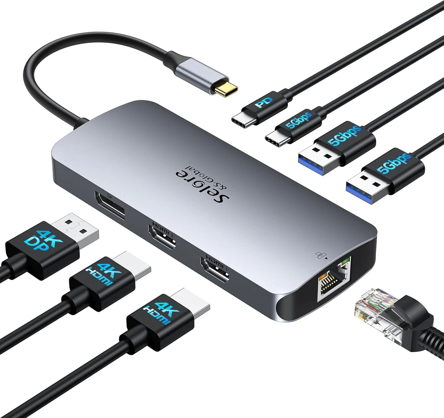 داک استیشن USB C سلور، داک هاب USB C مانیتور دوگانه 8 در 1، داک استیشن آداپتور چند پورت 3 مانیتور با PD 100W، HDMI 4K@60Hz، DisplayPort، اترنت 1 گیگابیت بر ثانیه، پورت های USB 3.0 برای مک دل HP لنوو